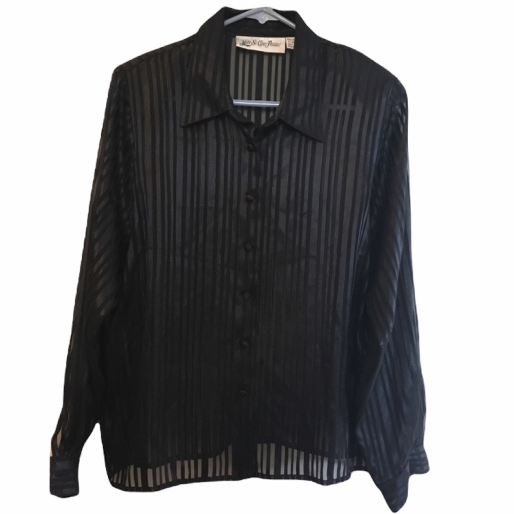 Yves St Clair Petites - Black Striped Chiffon Top (Size: Petite Large)